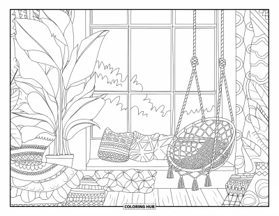 Coloriage douillet pour adultes : Un fauteuil hamac avec du crochet entouré de plantes, de motifs et d'une décoration ensoleillée