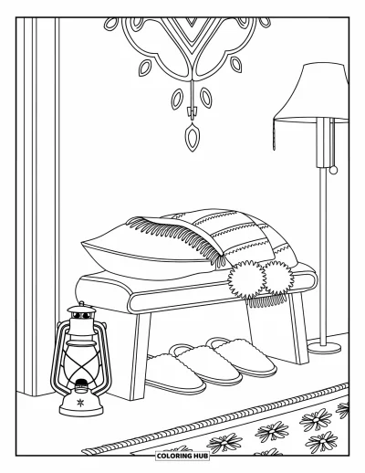Coloriage douillet pour adultes : Un coin de chambre paisible avec une lanterne, des couvertures douces, des chaussons et des cache-oreilles