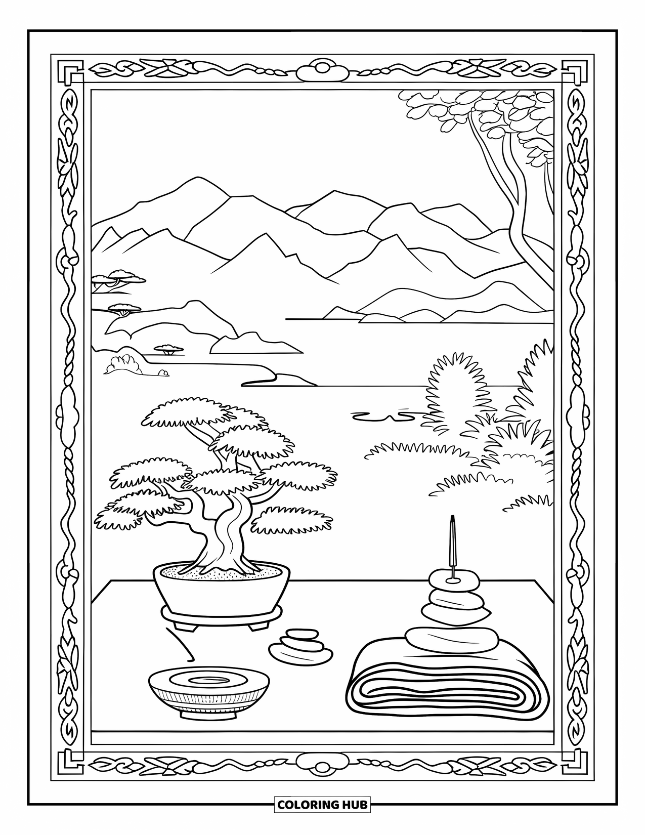 Cozy Coloring Page for Adults: A peaceful corner with bonsai, incense, stacked stones, and a folded blanket