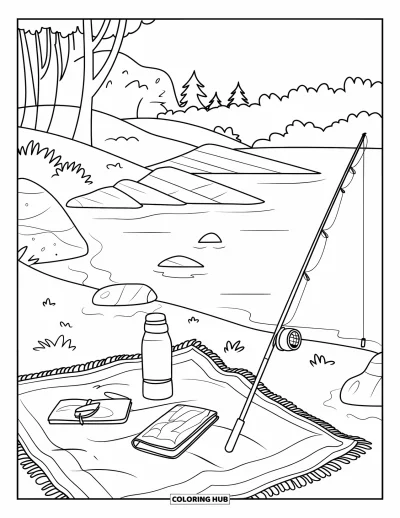 Coloriage douillet pour adultes : Un pique-nique paisible au bord du lac avec un thermos, un journal, une canne à pêche et de douces vues sur la nature