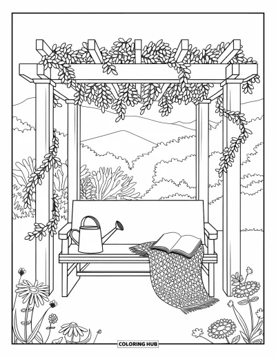 Coloriage douillet pour adultes : Un recoin de jardin paisible sous une pergola avec des fleurs, un banc, un livre et un arrosoir