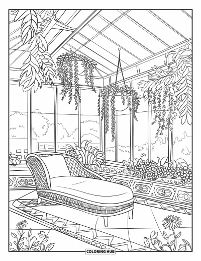 Coloriage douillet pour adultes : Une véranda pleine de plantes avec des sols à motifs, des fleurs et un canapé en osier pour se détendre