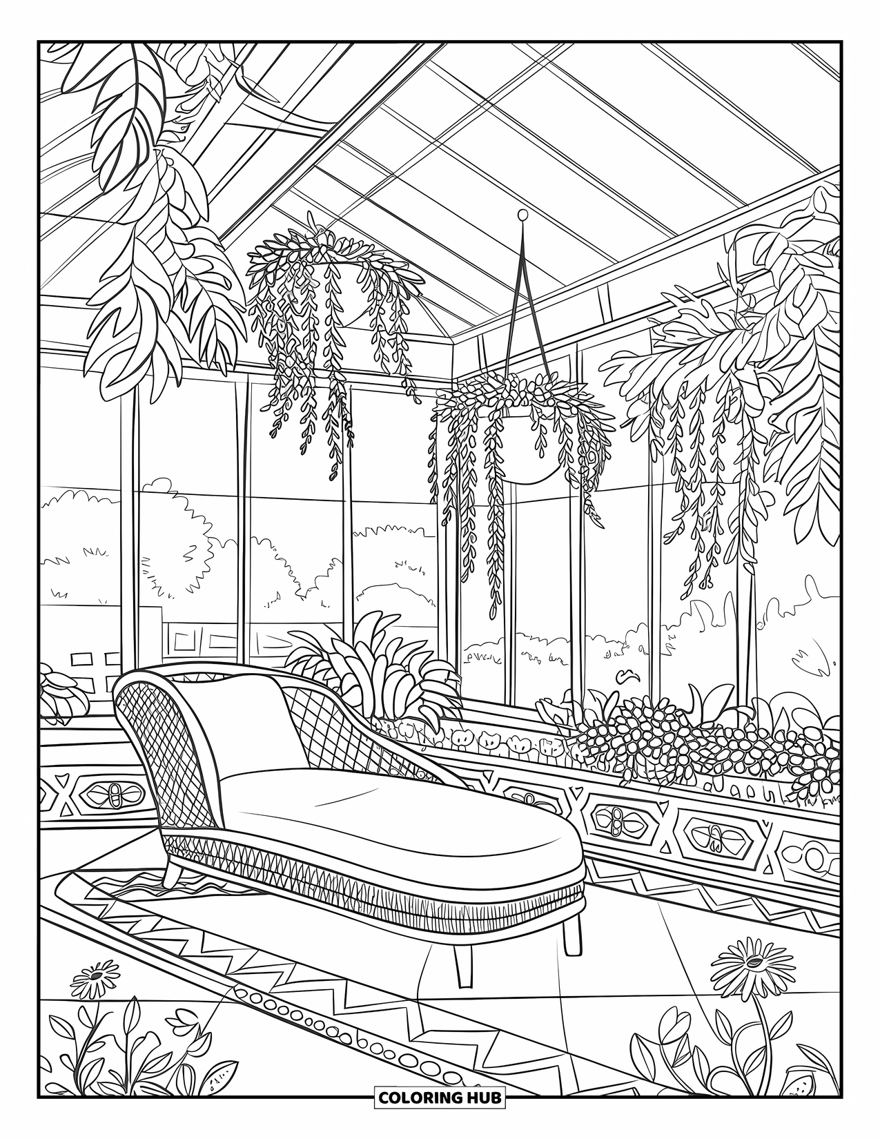 Cozy Coloring Page for Adults: A plant-filled conservatory with patterned floors, flowers, and a relaxing wicker lounge