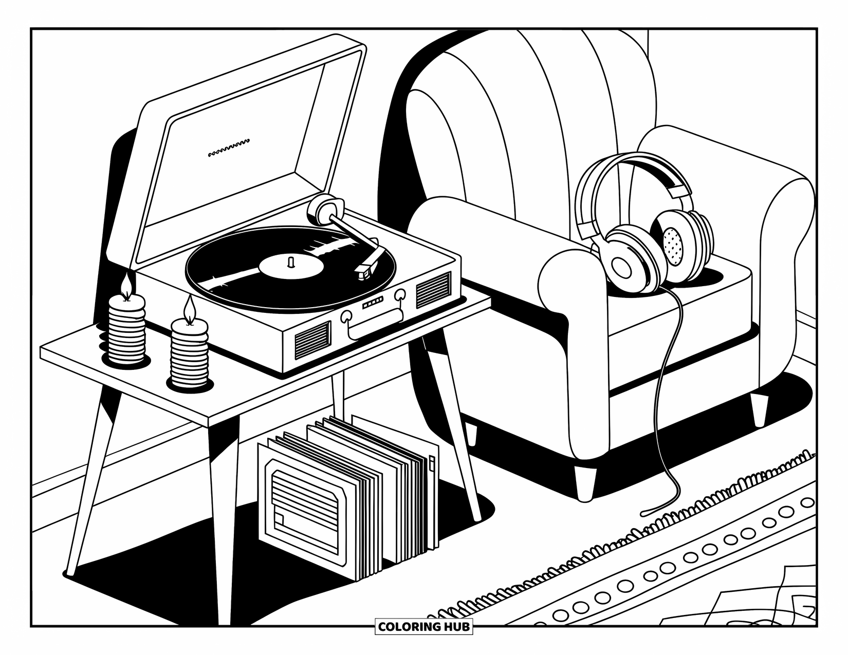 Cozy Coloring Page for Adults: A record spins on a vintage player near candles, vinyls, and a comfy chair