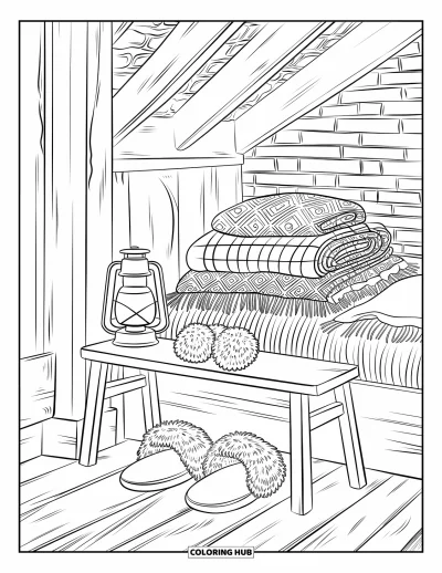 Coloriage douillet pour adultes : Une chambre rustique avec des cache-oreilles moelleux, des chaussons, des couvertures et une lanterne lumineuse