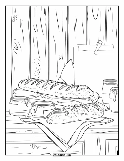 Coloriage douillet pour adultes : Un plan de travail rustique avec du pain frais, des bocaux de confiture, un torchon et une recette écrite à la main