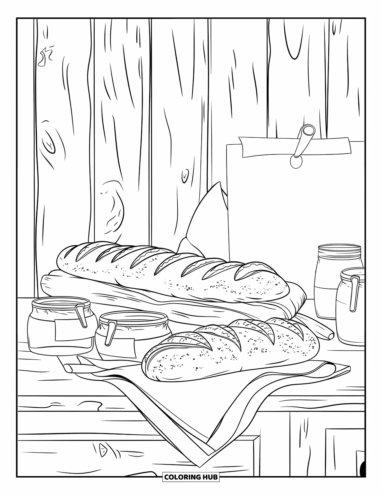 Cozy Coloring Page for Adults: A rustic counter with fresh bread, jam jars, a towel, and a handwritten recipe