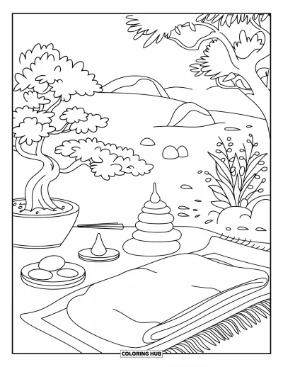 Coloriage douillet pour adultes : Un espace serein avec un bonsaï, de l'encens, une couverture et des pierres dans un cadre naturel