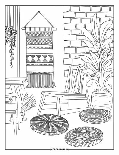 Coloriage douillet pour adultes : Une petite pièce de cottage avec des meubles vintage, une tenture murale, une table, une chaise et des coussins