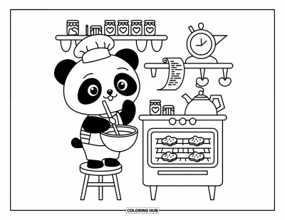 Coloriage douillet pour adultes : Un chef panda souriant mélange de la pâte pendant que des biscuits cuisent et que des bocaux de confiture garnissent les étagères
