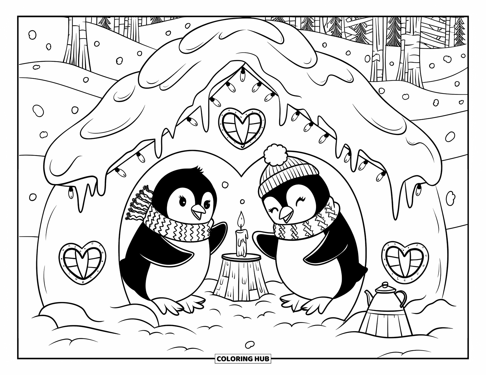 Cozy Coloring Page for Adults: A snowy cottage fort with penguins, fairy lights, and a warm kettle stove inside