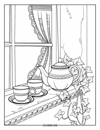 Coloriage douillet pour adultes : Un service à théière et deux tasses posés sur un rebord de fenêtre près de rideaux en dentelle et de lierre
