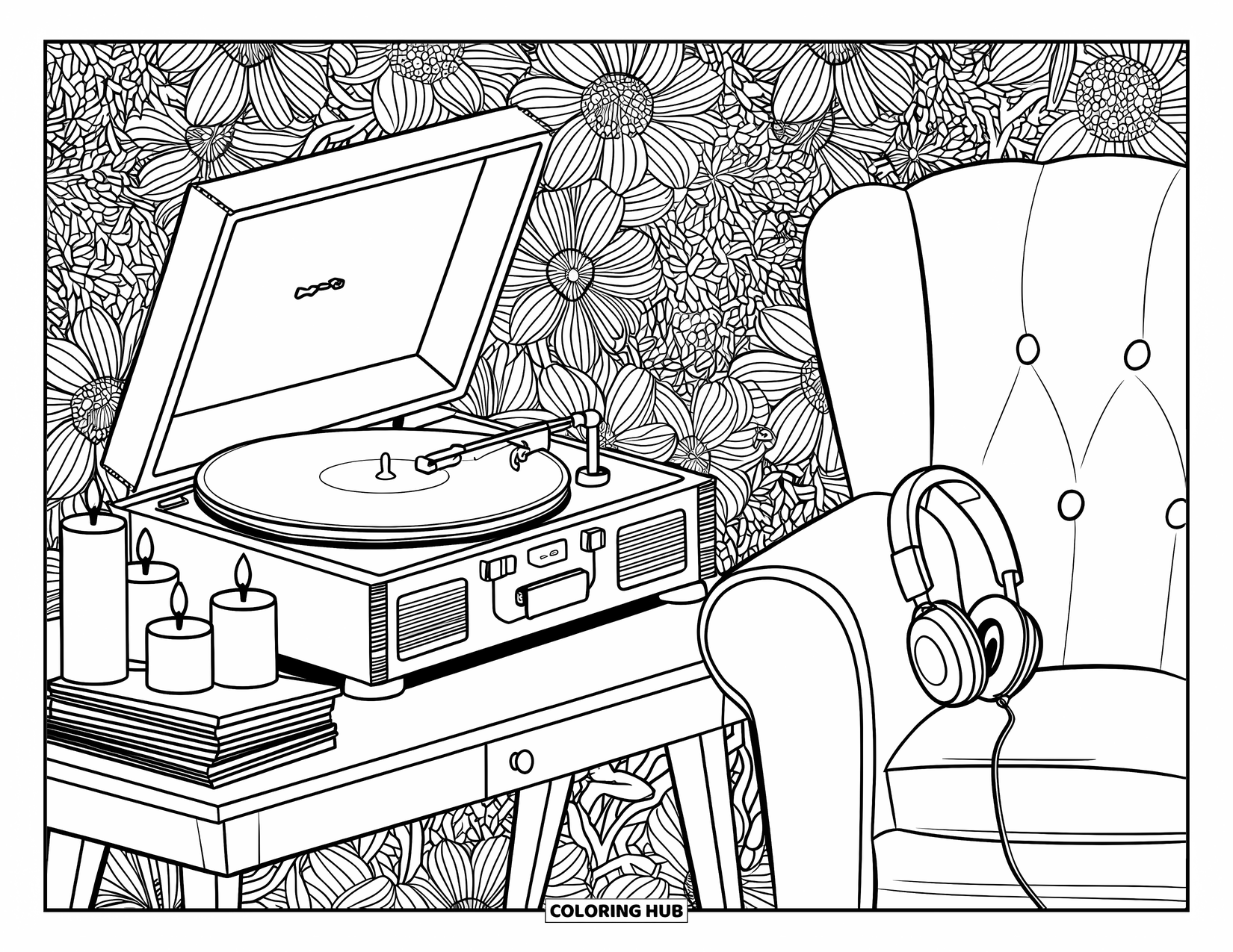 Cozy Coloring Page for Adults: A vintage record player sits beside vinyls, candles, and a cozy armchair with headphones