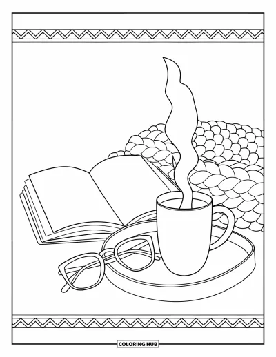 Coloriage douillet pour adultes : Un livre et une tasse posés sur un jeté tricoté avec des lunettes et une bordure décorative réconfortante