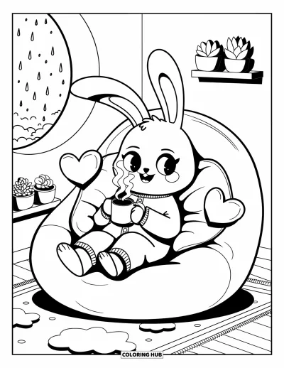 Coloriage douillet pour adultes : Un lapin se détend dans un pouf avec des coussins en forme de cœur et l'atmosphère pluvieuse de la fenêtre