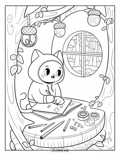 Coloriage douillet pour adultes : Un chat en sweat à capuche dessine dans un recoin confortable d'une cabane, avec des lanternes et une vue sur la forêt