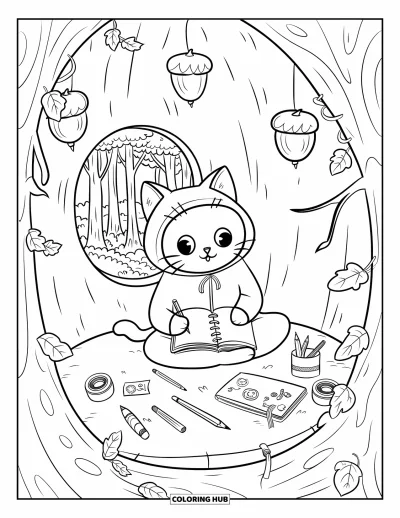 Coloriage douillet pour adultes : Un chat assis en tailleur dans une cabane dans les arbres, dessinant près d'une fenêtre ronde et de matériel artistique