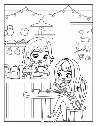 Coloriage douillet pour adultes : Une fille chibi prépare du thé derrière le comptoir d'un café pendant que son amie lit à une table voisine