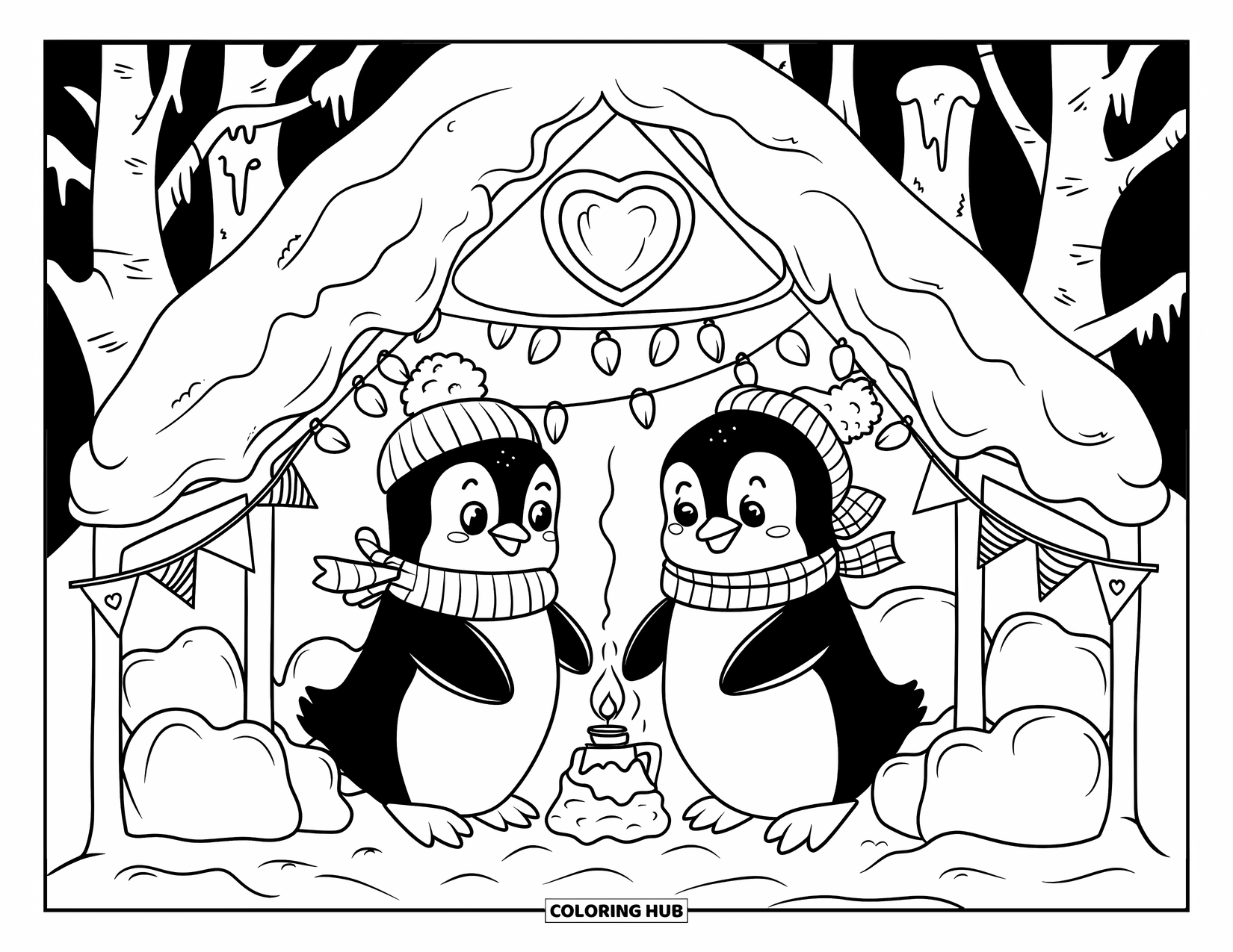 Cozy Coloring Page for Adults: Cute penguins build a cozy snow cottage with lights, flags, and warm winter vibes