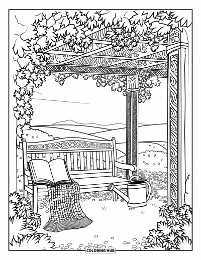 Coloriage douillet pour adultes : Un recoin de jardin sous une pergola fleurie avec un banc, un livre, un châle et un sol en galets