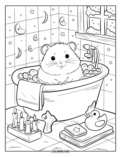 Coloriage douillet pour adultes : Un hamster se détend dans une baignoire en forme de tasse de thé avec des bulles, des bougies et de la neige qui tombe dehors