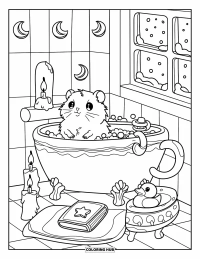 Coloriage douillet pour adultes : Un hamster se prélasse dans une baignoire-tasse confortable avec des bulles, un petit canard en plastique et une vue enneigée