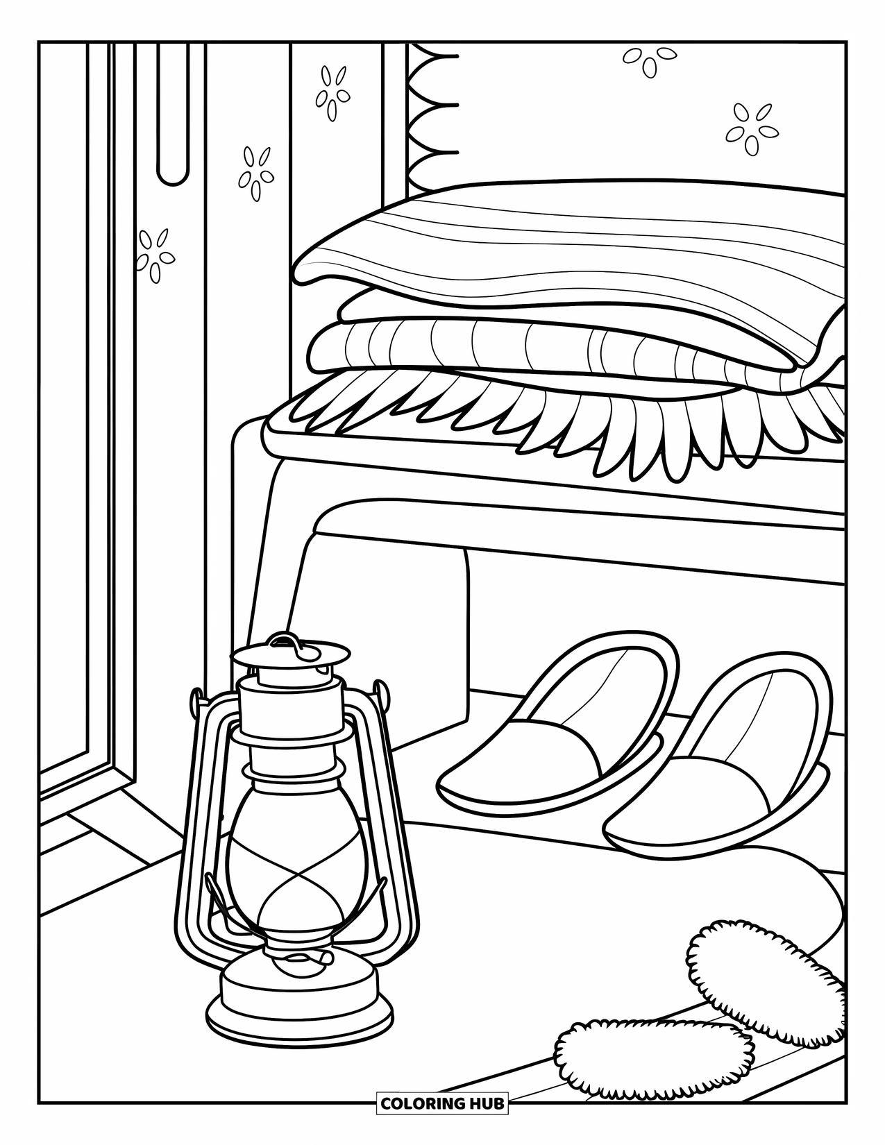 Cozy Coloring Page for Adults: Layered throws, earmuffs, slippers, and a lantern bring warmth to a cozy bedroom nook