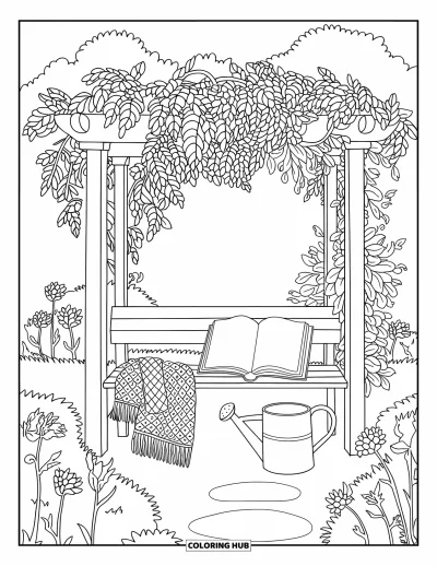 Coloriage douillet pour adultes : Une pergola feuillue abrite un banc avec un livre, un châle et un arrosoir