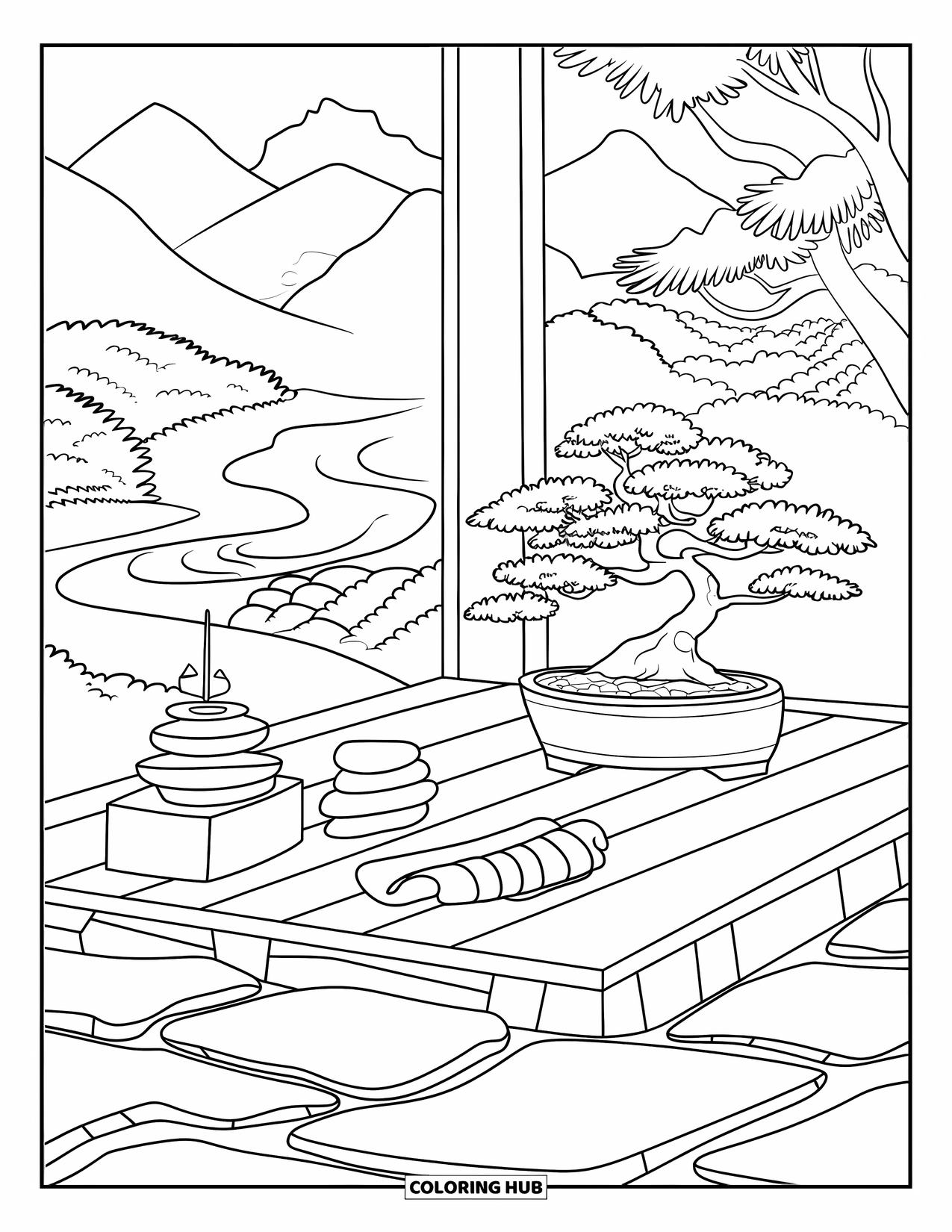 Cozy Coloring Page for Adults: Meditation corner on a wooden platform with bonsai, incense, and a mountain view
