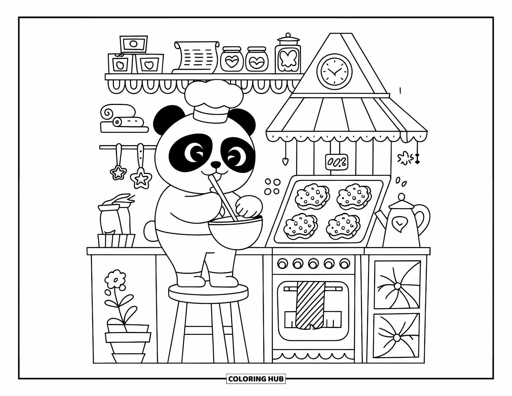 Cozy Coloring Page for Adults: Panda bakes cookies in a cozy kitchen with jam jars, a teapot clock, and warm details