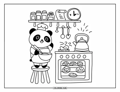 Coloriage douillet pour adultes : Un chef panda remue joyeusement un bol dans une cuisine confortable pendant que des biscuits cuisent et qu'une bouilloire siffle