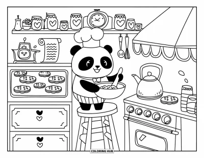 Coloriage douillet pour adultes : Un chef panda remue joyeusement un bol sur un tabouret en faisant cuire des biscuits en forme de cœur et d'étoile