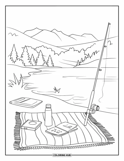 Coloriage douillet pour adultes : Un coin serein au bord du lac avec une couverture de pique-nique, un journal, un thermos et une canne à pêche