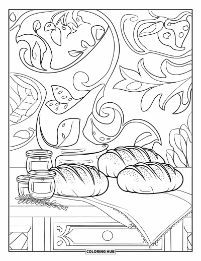 Coloriage douillet pour adultes : Nature morte avec du pain, de la confiture, un torchon et des motifs tourbillonnants en arrière-plan