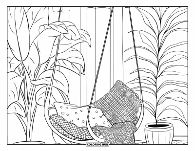 Coloriage douillet pour adultes : Une pièce baignée de soleil avec des plantes, un coussin à motifs et un fauteuil hamac garni de crochet