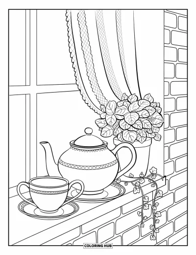Coloriage douillet pour adultes : Une théière et des tasses sur un rebord de fenêtre avec du lierre, un rideau en dentelle et une vue sur un mur en brique