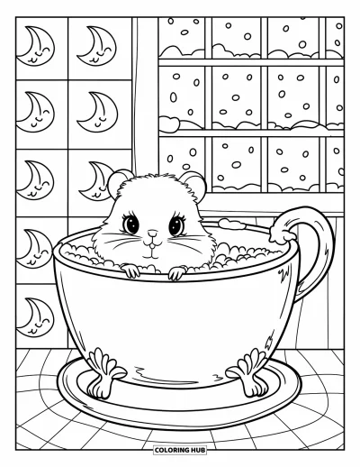 Coloriage douillet pour adultes : Un minuscule hamster profite d'un bain moussant dans une baignoire-tasse avec des bougies et des carreaux en forme de lune souriante