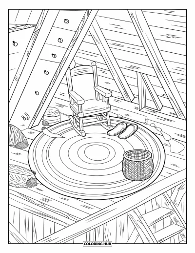Coloriage douillet pour adultes : Vue de dessus d'une mezzanine de chalet avec un fauteuil, un panier de laine et une échelle
