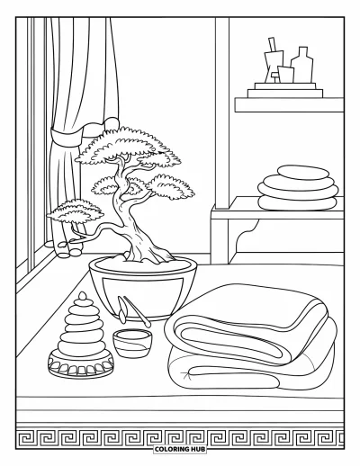 Coloriage douillet pour adultes : Un endroit tranquille près d'une fenêtre avec un bonsaï, de l'encens, des pierres et une couverture pliée