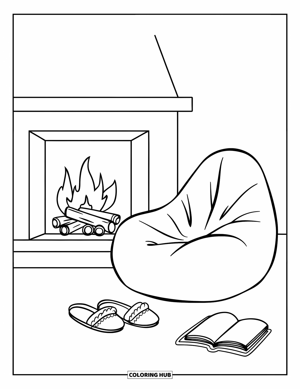 Cozy Coloring Page for Kids: A big bean bag sits by a crackling fireplace with slippers and a book on the floor