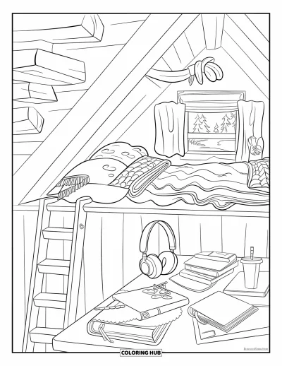 Coloriage douillet pour enfants : Une mezzanine de chalet avec des livres, un casque audio, des boissons chaudes et une vue sur les arbres depuis la fenêtre