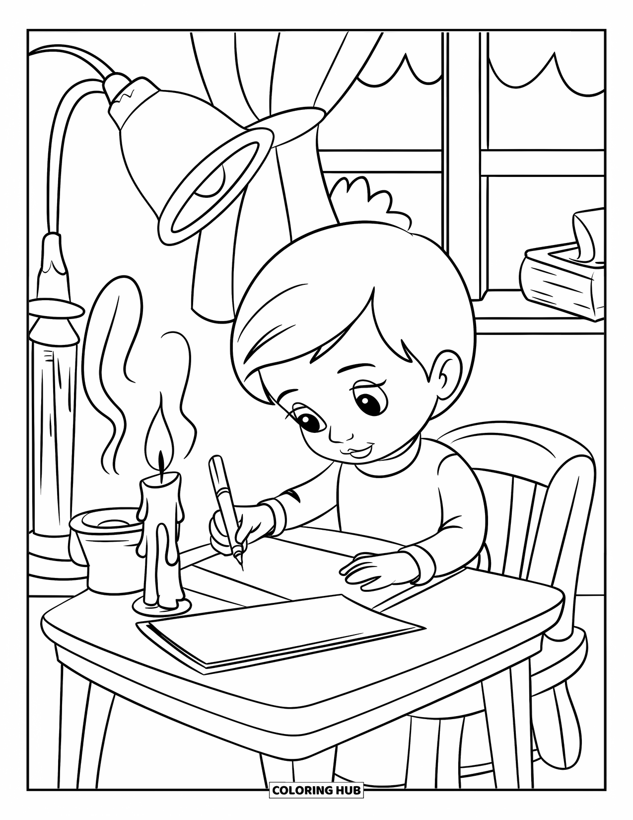 Cozy Coloring Page for Kids: A child sketches by candlelight with a warm drink nearby and soft shadows behind them