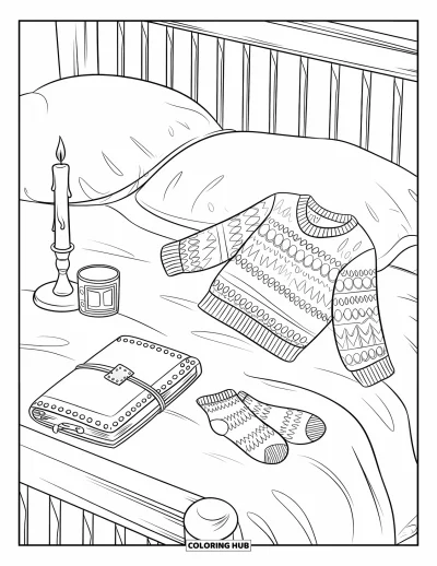 Coloriage douillet pour enfants : Un lit confortable avec un journal, une bougie, un pull et des chaussettes joliment disposés dans une chambre paisible