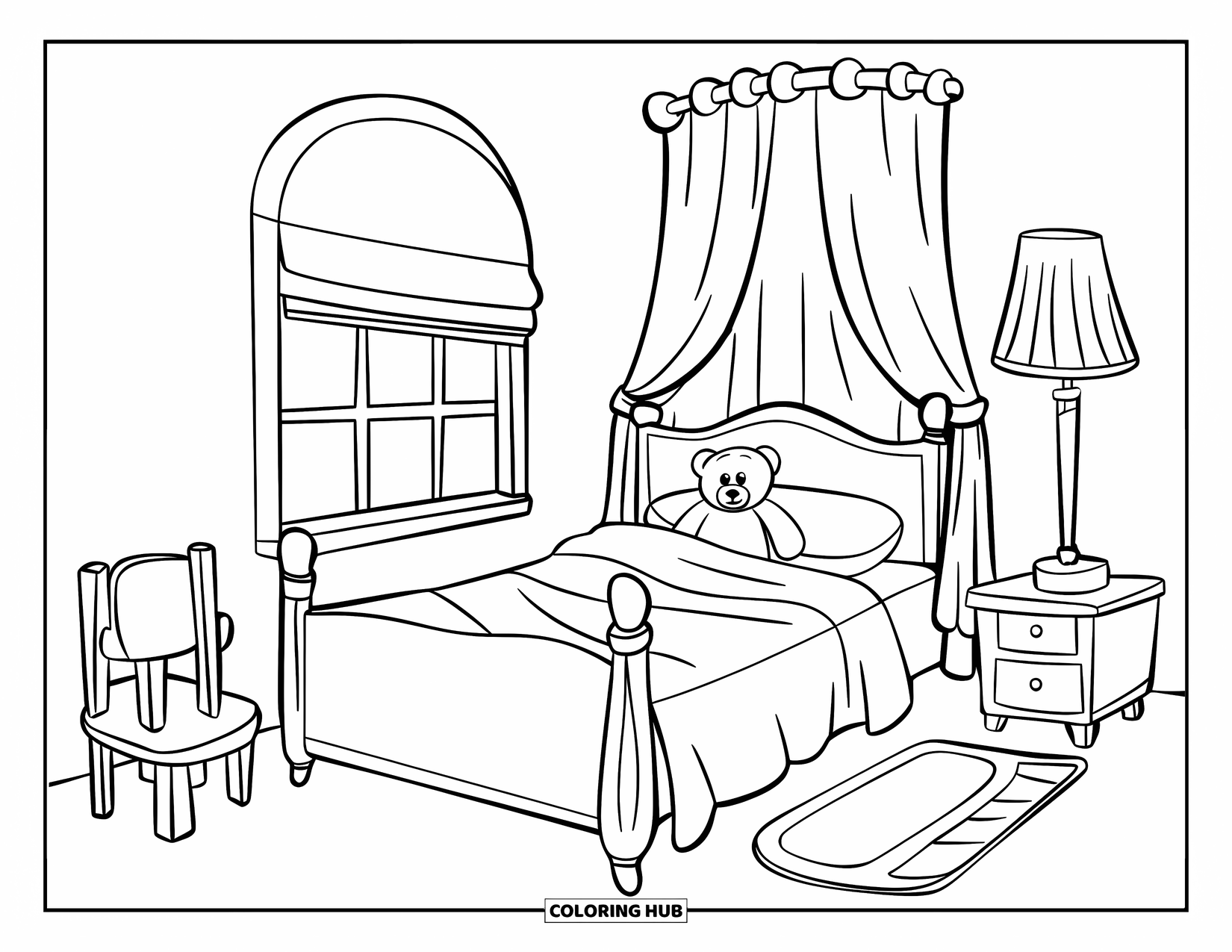 Cozy Coloring Page for Kids: A comfy bed with a smiling teddy, soft pillows, and a nearby lamp and curtain