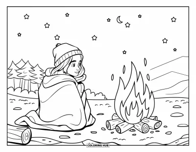 Coloriage douillet pour enfants : Une scène de feu de camp avec une adolescente qui contemple les étoiles sous un ciel étoilé baigné de lune