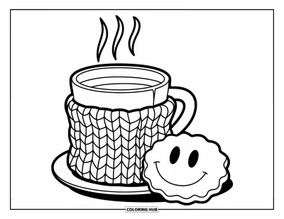 Coloriage douillet pour enfants : Une tasse douillette avec un manchon tricoté fumant à côté d'un biscuit souriant sur une petite assiette