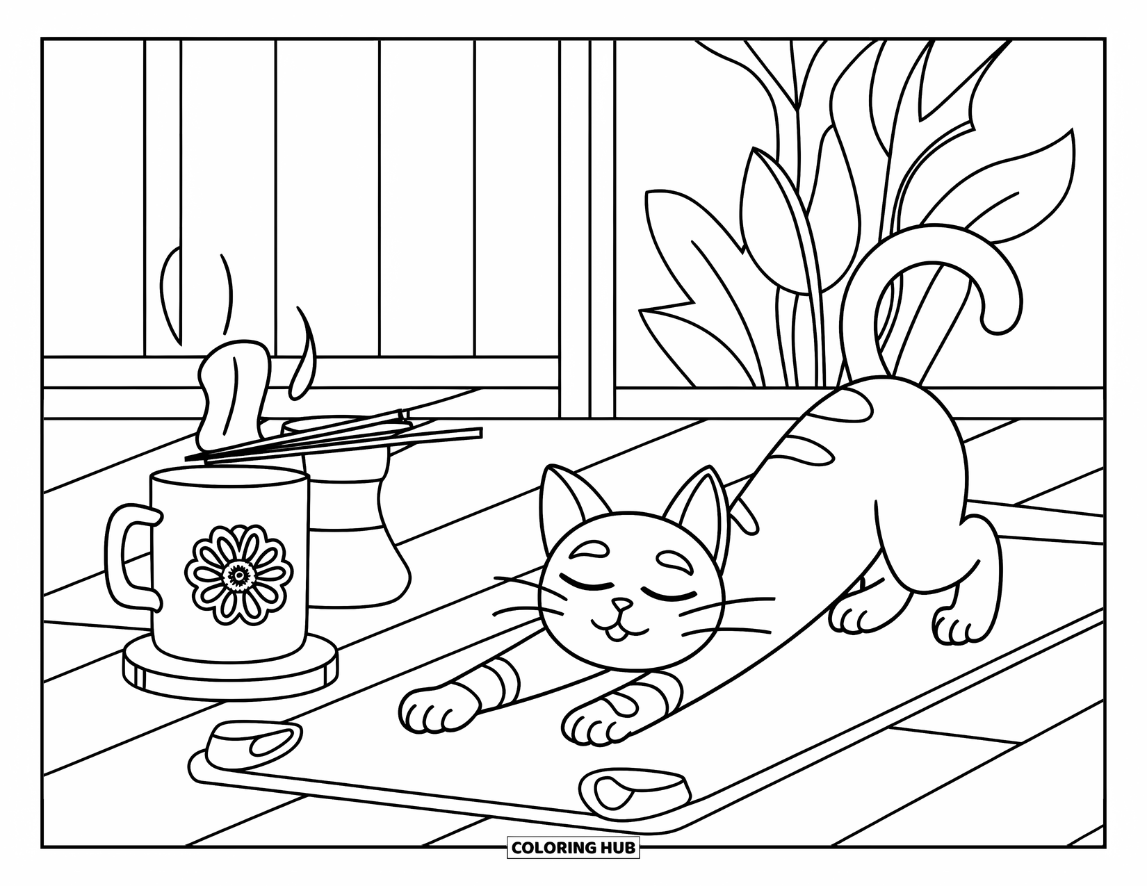 Cozy Coloring Page for Kids: A peaceful cat stretches near incense and a floral mug in a soft-lit yoga corner