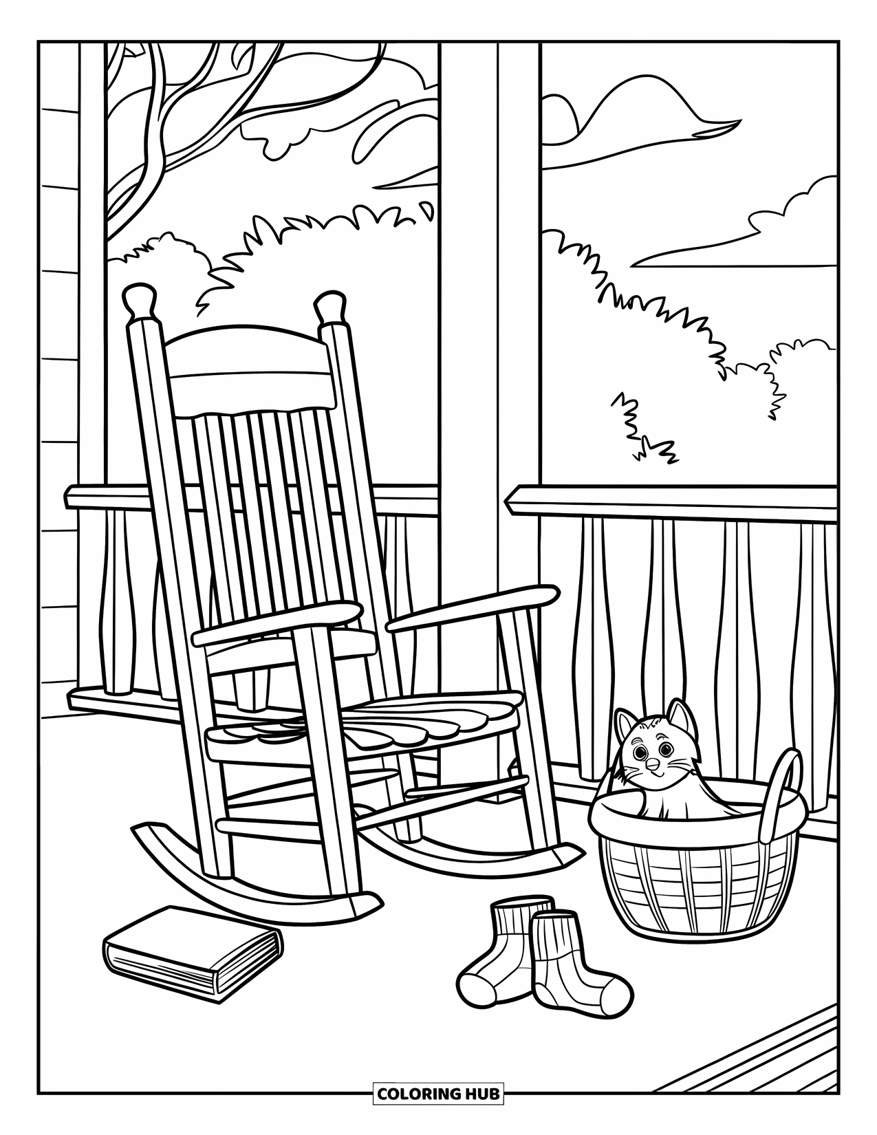 Cozy Coloring Page for Kids: A porch scene with a rocking chair, book, socks, and a kitten nestled in a basket