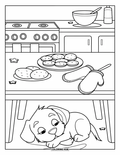 Coloriage douillet pour enfants : Un chiot endormi fait la sieste sous la table pendant que des biscuits et des moufles reposent dans une cuisine bien au chaud