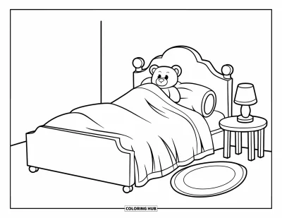 Coloriage douillet pour enfants : Un lit douillet accueille un ourson souriant niché sous la couverture dans une petite chambre chaleureuse